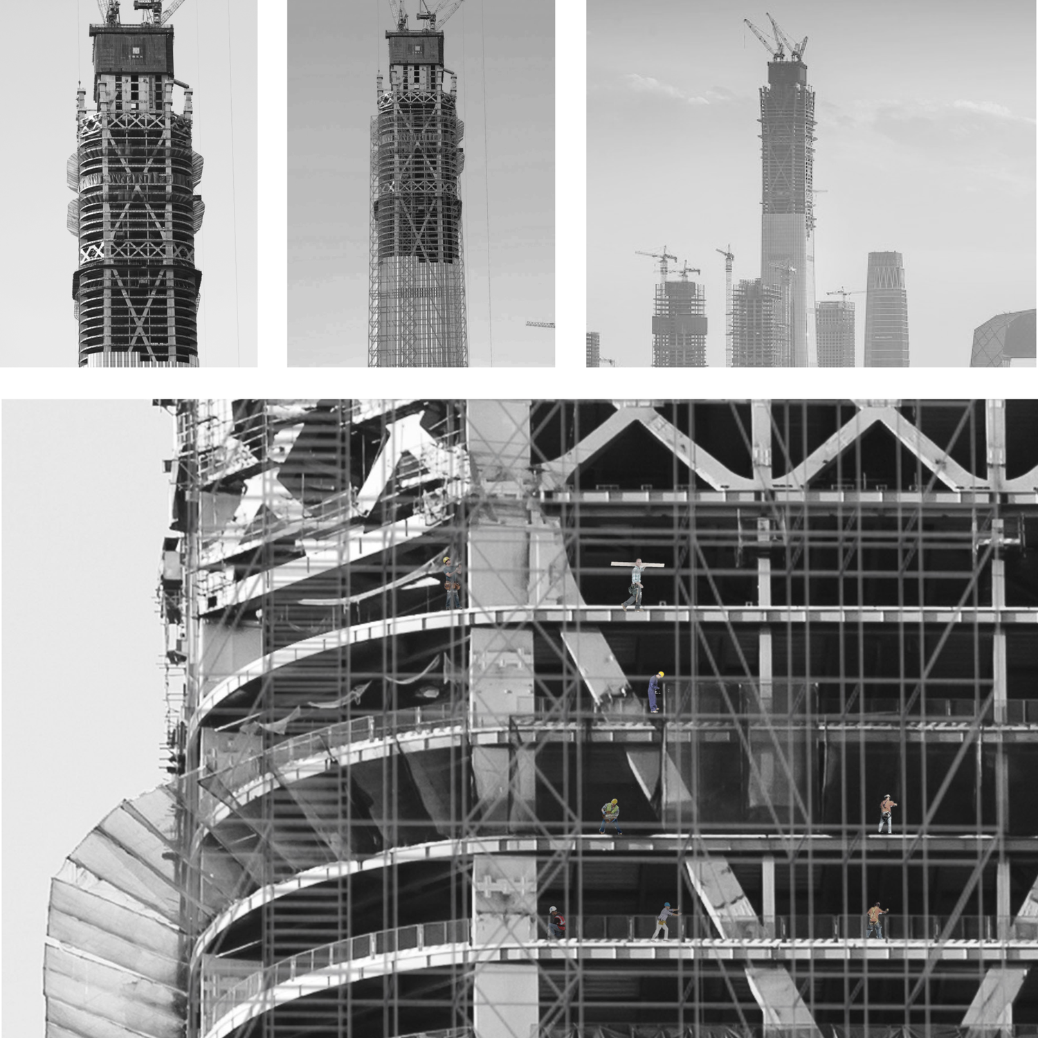 A tower's scaffolding, and the workers who raise it