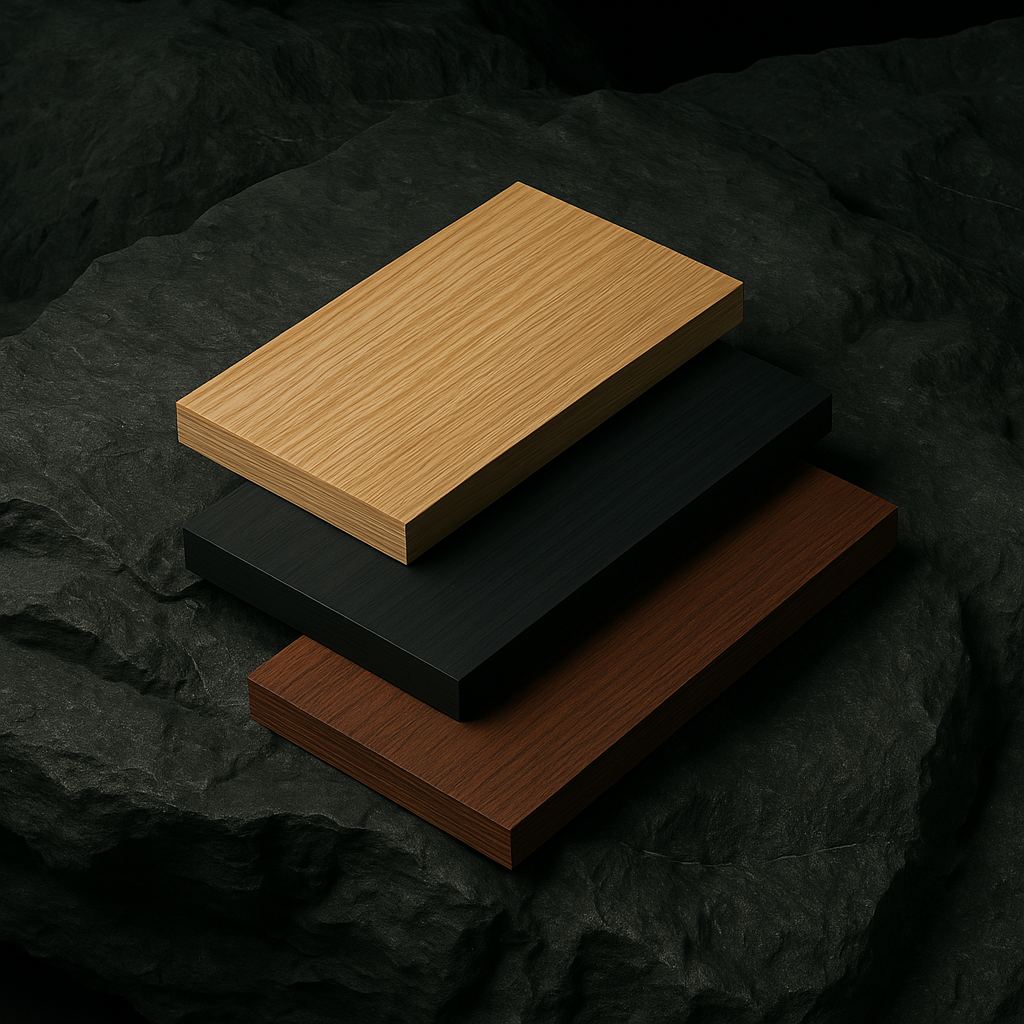 Three mineral-board finishes — oak, charcoal, walnut — on dark stone